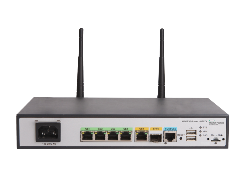 Routeur HPE MSR954-W 1GbE SFP (utilisation mondiale) 2GbE-WAN 4 GbE-LAN sans fil 802.11n CWv7 Center facing