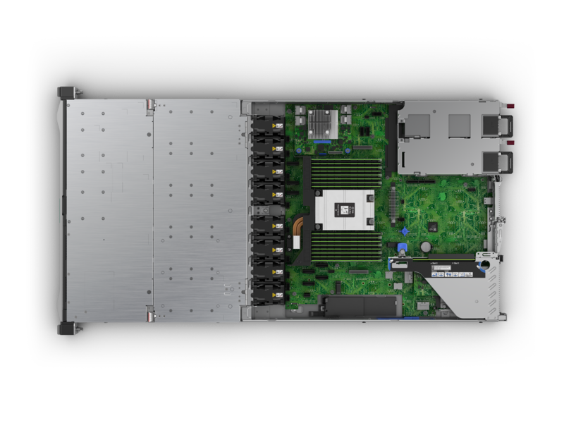 Serveur HPE ProLiant DL325 Gen10 Plus 7302P monoprocesseur 32 Go de RAM P408i-a 8 disques à petit facteur de forme - module d'alimentation redondant de 500 W Top view open