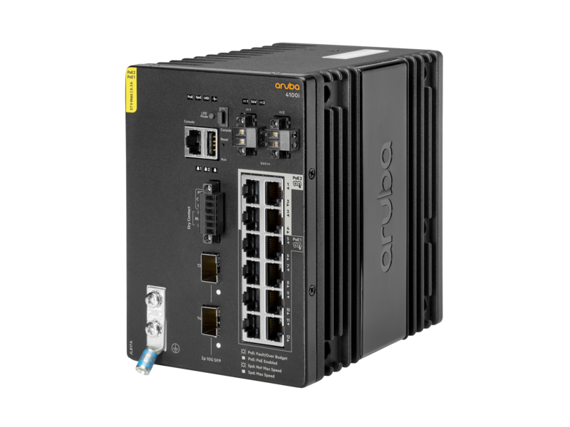 Aruba 4100i 12 端口 1 千兆以太网（8 个第 4 类 POE 端口和 4 个第 6 类 POE 端口）双端口 SFP+ DIN 安装交换机 Left facing
