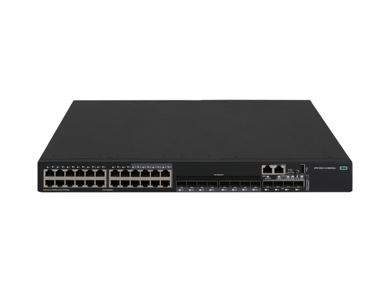 HPE FlexNetwork 5520HI 24G 4SFP+ (10/100/1000BASE-T x 24、10G/1G BASE-X SFP+ x 4、拡張スロット x 1、PSスロットスイッチ x 2) Center facing