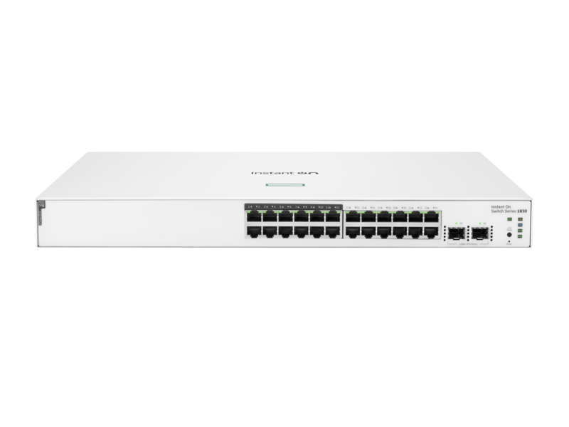 Aruba Instant On 1830 24G 12 端口第 4 类 PoE 2SFP 195 瓦交换机 Center facing