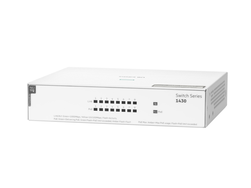 Aruba Instant On 1430 8G 第 4 类 PoE 64 瓦交换机 Left facing